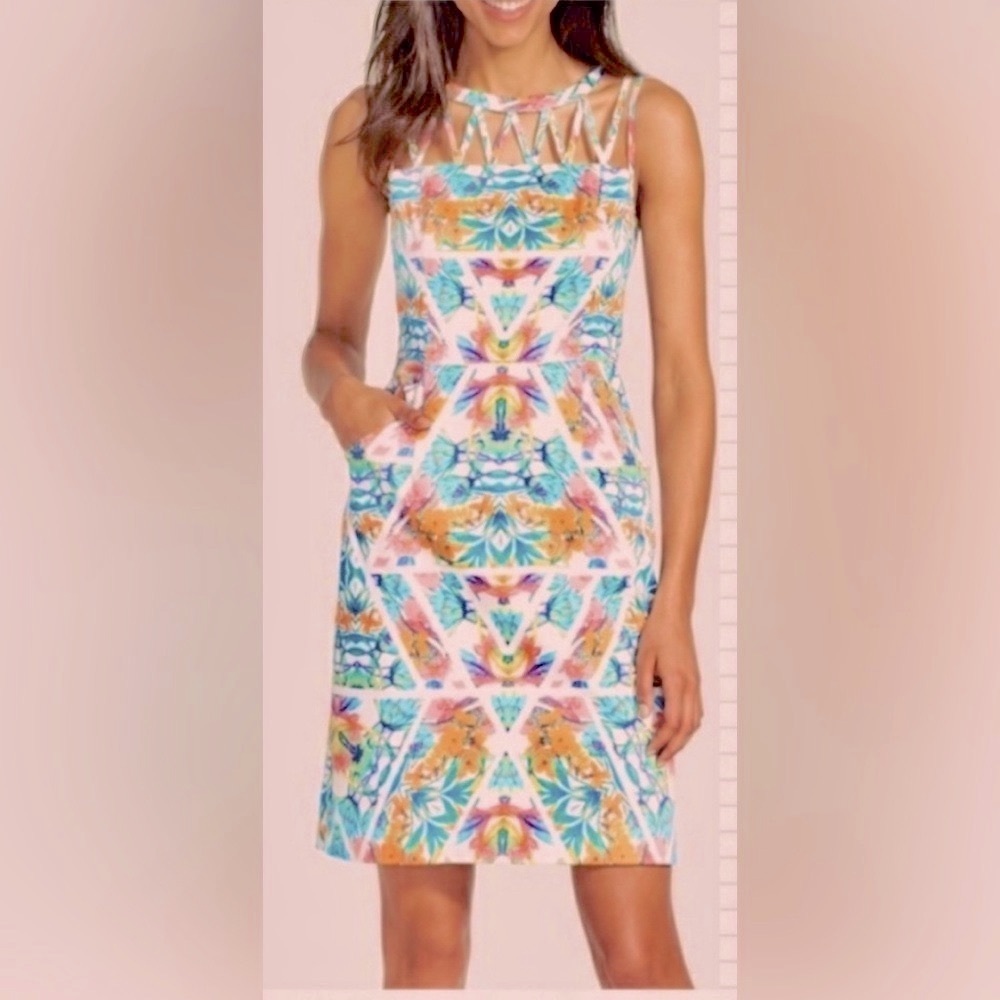 Adrianna Papell Tropical Floral Caged
Sheath Mini Dress